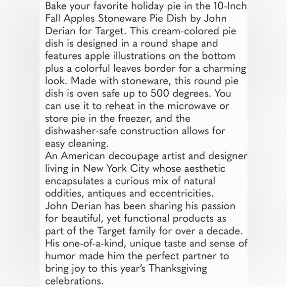 JOHN DERIAN NWT Fall apples stoneware pie dish -10” - Picture 4 of 4